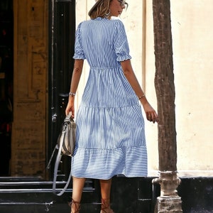 Striped Midi Summer Dress Blue Striped Women's Dress Beach Dress Holiday Dress Lantern Sleeve Summer Dress zdjęcie 4