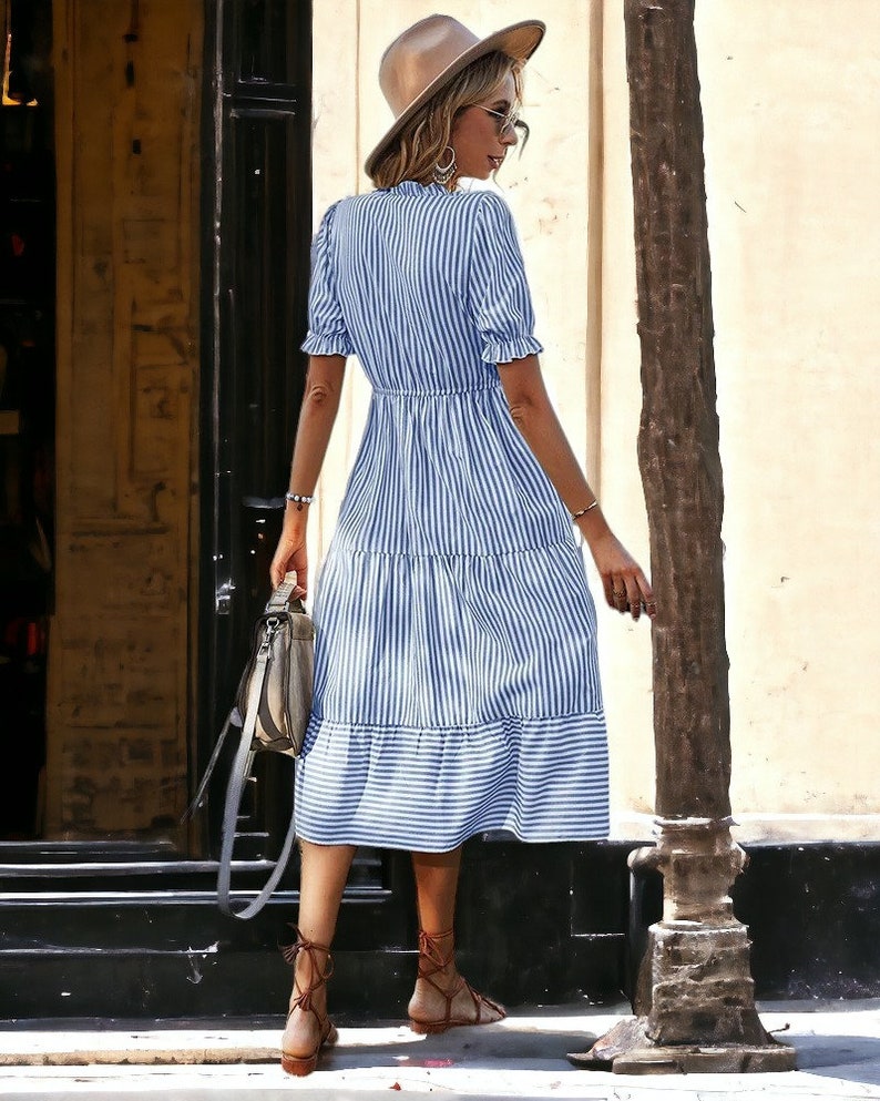 Striped Midi Summer Dress Blue Striped Women's Dress Beach Dress Holiday Dress Lantern Sleeve Summer Dress zdjęcie 4