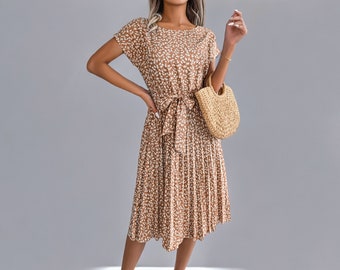 Stylish Summer Dress | Spring Summer Dress | Camel coloured | Short Sleeve High Waist Chic Dress | Floral Pleated | For Holiday