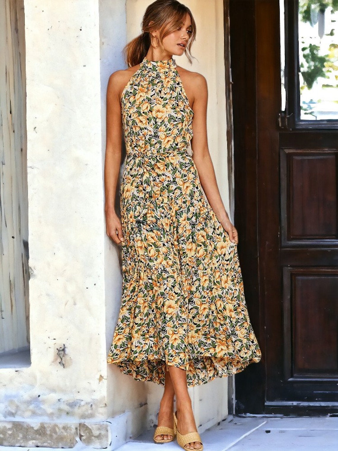 Halter Summer Dress Yellow Flower Strapless Summer Dress Casual Holiday ...