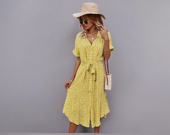Summer Dress Robe | Spring Summer Dress | Yellow Casual Dress | Elegant Dress Robe | Holiday Dress