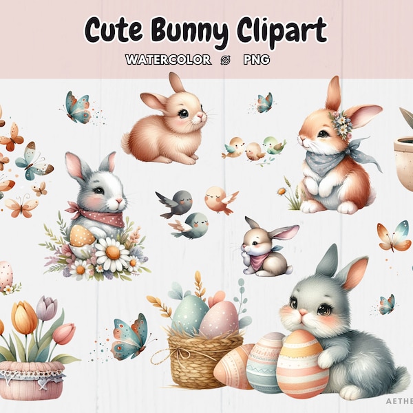 Clipart Niedliche Bunnies Stil Aquarela Stil Aufkleber Designs Cartoon Digitale Aufkleber PNG für die Planung von Journaling oder Scrapbooking