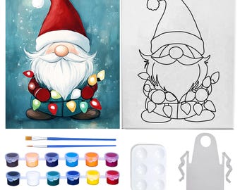 Holly Jolly Gnomes Pre Drawn Canvas Paint Party | Custom Paint Party Kit | Kids Adults Theme Party Activity | Party Favor Pre Drawn Canvas