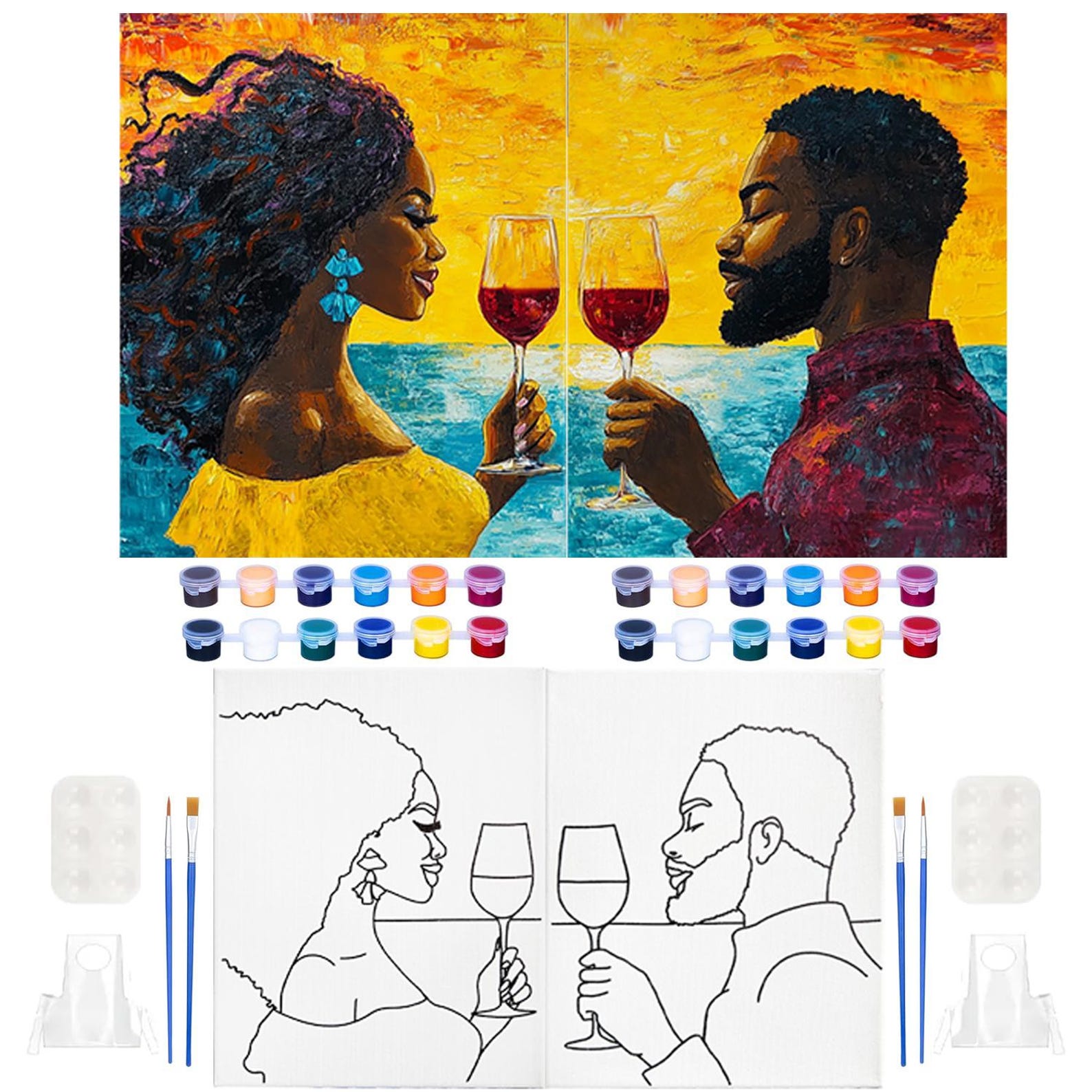 2 Pack Valentines Paint and Sip Kit for Couples, Pre Drawn Canvas Art ...