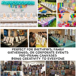 May include: A collection of images showcasing painting parties. Tables are set with easels, pre-drawn canvases, paint supplies, and balloons. The text "LET'S PAINT" is displayed. The image promotes painting events for birthdays, family gatherings, and corporate events.