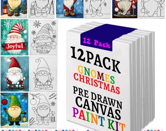 12 Pack Gnomes Christmas Pre Drawn Canvas Bulk Stretched | Paint and Sip Party Kit | Kids Adults Party Activity | Party Favor