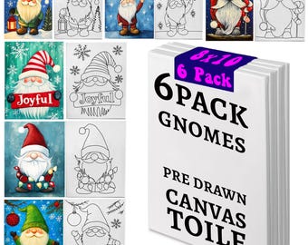 6 Pack Gnomes Christmas Theme 8x10 Stretched Canvas | Paint Party Kit | Kids Adults Party Activity | Party Favor Pre Drawn Canvas