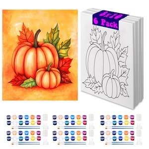 May include: A set of six 8x10 inch blank canvases with a painted image of two pumpkins and fall leaves. The canvases are ready to paint with acrylic paints. The set includes 24 paint pots and six paintbrushes.