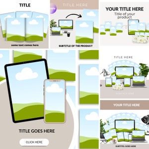 May include: A collection of digital device mockups, including a tablet, smartphone, laptop, and desktop computer, displaying a landscape with a blue sky and green hills. Text includes "TITLE," "SUBTITLE," and "CLICK HERE."