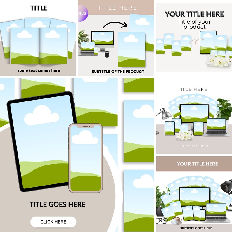 May include: A collection of digital device mockups, including a tablet, smartphone, laptop, and desktop computer, displaying a landscape with a blue sky and green hills. Text includes "TITLE," "SUBTITLE," and "CLICK HERE."