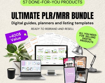 May include: An image showcasing a digital product bundle with the text "ULTIMATE PLR/MRR BUNDLE". The image includes a laptop, desktop monitor, tablets, and printed guides. The text "57 DONE-FOR-YOU PRODUCTS" and "+400$ Value" are also visible.