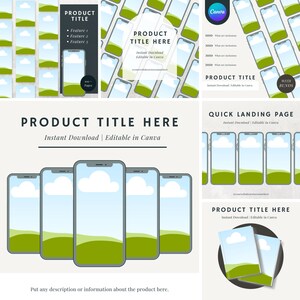 May include: A collection of digital product templates featuring smartphone mockups with green and blue landscape backgrounds. Text includes "Product Title Here" and "Instant Download | Editable in Canva."