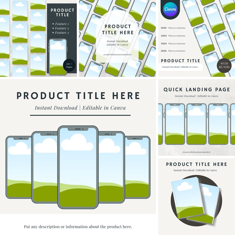 May include: A collection of digital product templates featuring smartphone mockups with green and blue landscape backgrounds. Text includes "Product Title Here" and "Instant Download | Editable in Canva."