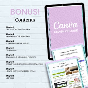 May include: A digital Canva Crash Course displayed on a tablet, with a spiral-bound notebook featuring the title. The image includes chapters on Canva basics, workspace navigation, and font pairing. Additional notebooks show photo grids and design elements.