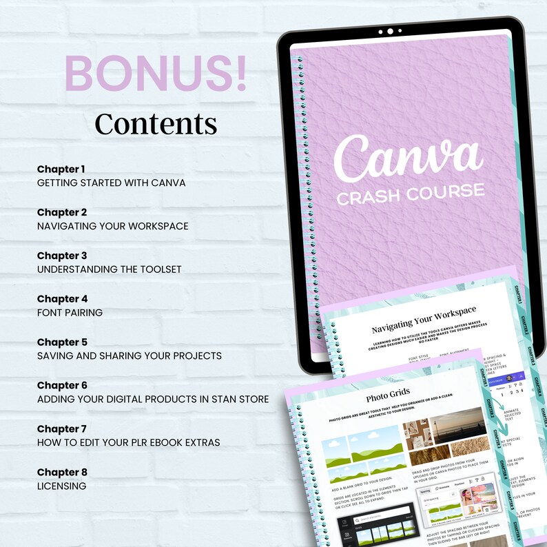 May include: A digital Canva Crash Course displayed on a tablet, with a spiral-bound notebook featuring the title. The image includes chapters on Canva basics, workspace navigation, and font pairing. Additional notebooks show photo grids and design elements.