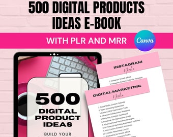 PLR 500 Ideas de productos digitales para ingresos pasivos, PLR Digital Produkt, MRR Done For You, Canva Tempate, Derechos de etiqueta privada