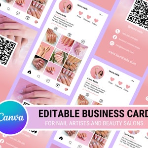 Visitenkarten-Vorlagendesign, Instagram-Visitenkarte, Nagelkünstler-Visitenkarten-Canva-Vorlage, Beauty-Künstler-Visitenkarte für Haare und Nägel
