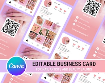 Business Card Template Design, Instagram Business Card, Nail Artists Business Card Canva Template, Beauty Artist Hair Nails Business Card