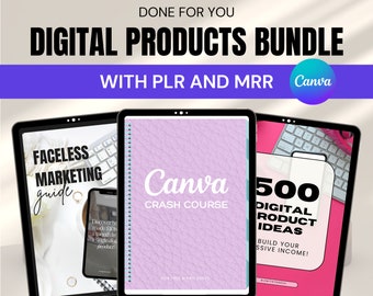 Paquete de productos digitales con PLR y MRR, derecho de reventa maestro, curso intensivo de Canva, guía de marketing sin rostro, 500 ideas de productos digitales, libro electrónico