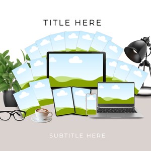 May include: A digital product display featuring a laptop, tablet, smartphone, and other devices, all displaying a landscape image. A potted plant, a cup of coffee, and a black desk lamp are also present. The words "TITLE HERE" and "SUBTITLE HERE" are displayed.