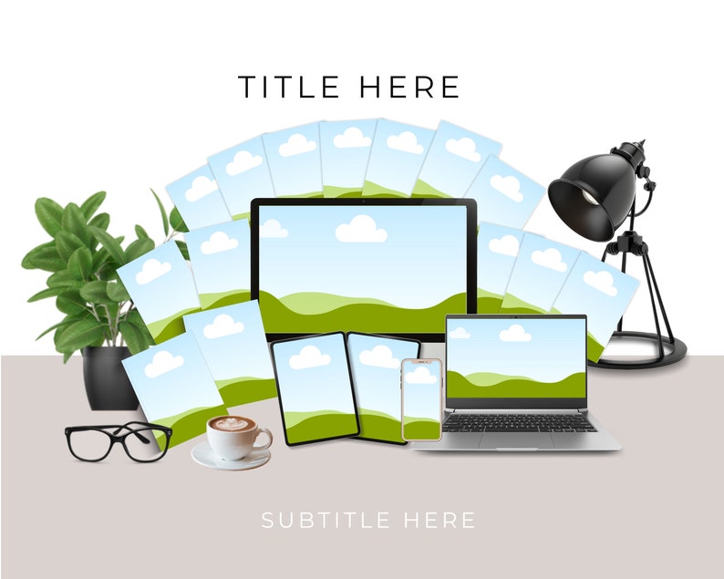 May include: A digital product display featuring a laptop, tablet, smartphone, and other devices, all displaying a landscape image. A potted plant, a cup of coffee, and a black desk lamp are also present. The words "TITLE HERE" and "SUBTITLE HERE" are displayed.