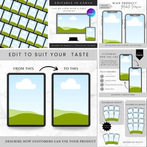 May include: A digital product mockup template with a variety of devices, including a desktop computer, tablet, and smartphones. The design is customizable in Canva, with instructions included. The text reads "Edit to suit your taste."