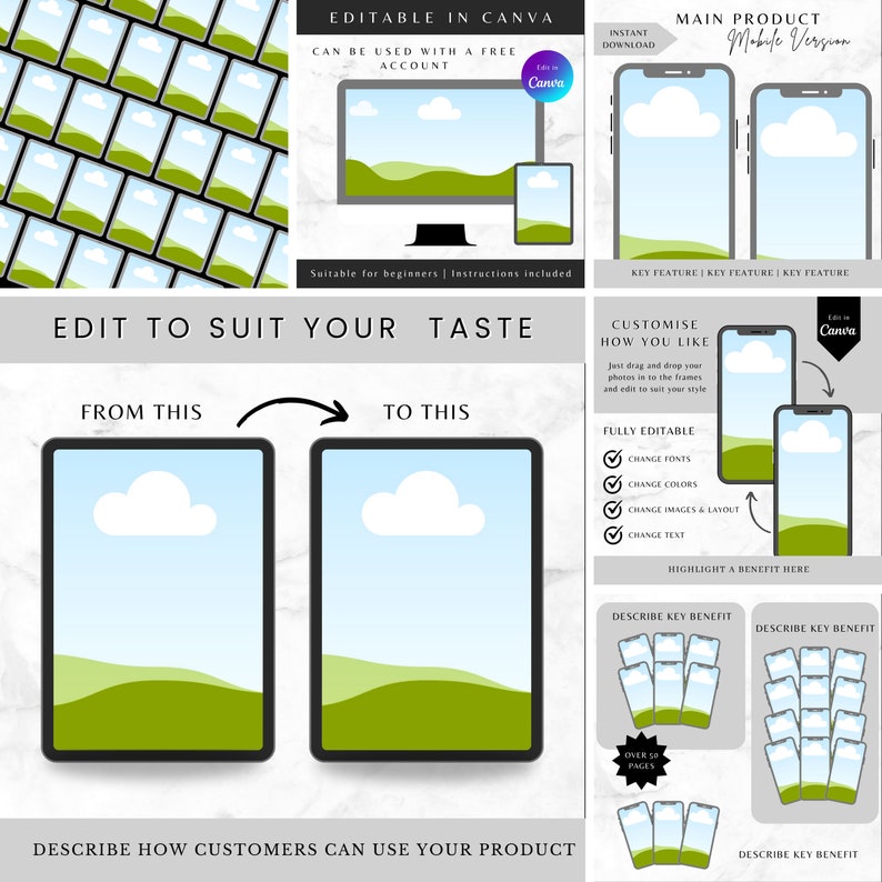 May include: A digital product mockup template with a variety of devices, including a desktop computer, tablet, and smartphones. The design is customizable in Canva, with instructions included. The text reads "Edit to suit your taste."
