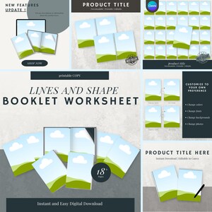 May include: Digital booklet worksheet with the title "Lines and Shape." The cover features a landscape design with a blue sky and green hills. The image includes the text "Instant and Easy Digital Download."