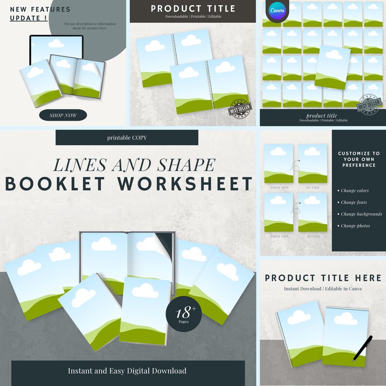 May include: Digital booklet worksheet with the title "Lines and Shape." The cover features a landscape design with a blue sky and green hills. The image includes the text "Instant and Easy Digital Download."