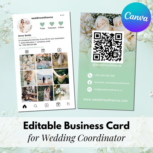 Business Card Template Design, Instagram Business Card, Wedding Coordinator Business Card Canva Template