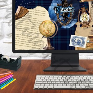 May include: A computer monitor displaying a digital desktop background with a collage of images related to the Harry Potter universe. The background features a blue and black plaid pattern, a globe, a lantern, a stack of books, a newspaper headline, and the Ravenclaw house crest. The monitor is on a wooden desk with a keyboard, a mouse, a tape dispenser, and a pencil holder.