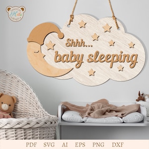 Lasergesneden sjabloon wolkenbord 'baby slaapt': kinderkamermuur- of deurdecor - multiformaat lasergesneden (3 lagen) 30 cm x 18,2 cm