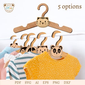 Lasergesneden kinderkleerhanger sjabloonset: ontwerpen panda, beer, kat, hond, vos (png, svg, ai, pdf, dxf, eps)