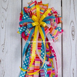 Giant Bow, Bright Door Bow, Handmade Bow, Colorful Front Door Bow, Polka Dot Stripe Bow Decor, Large Ribbon Bow for Porch Decor, Ribbon Bow