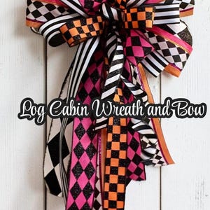 Halloween Wreath Bow, Pink Orange Halloween Bow, Harlequin Ribbon Bow, Lantern Bow, Front Door Decor, Tree Topper Bow, Deluxe Glam Door Bow