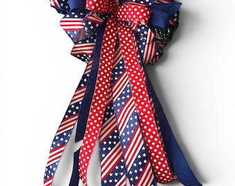 XL Patriotic Independence Bow! America 250th Celebration Bow for wreath, porch, mailbox, posts. Red, White, Blue Bows. 4th of July Decor