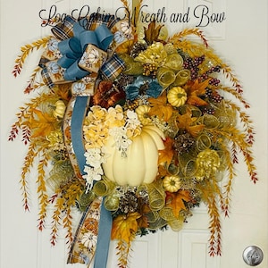 Boho Fall Wreath with Pumpkin, Rustic Autumn Door Decor, Log Cabin Wreath, Harvest Floral Wreath with Bow, Front Door Decoration