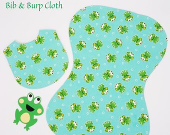 Happy Frog Bib and Burp Cloth Set for Baby Boy and Girl | Newborn Baby Shower Gift | 100% Soft Cotton Flannel | Reversible