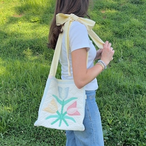 Vintage Quilt Tote Bag | Repurposed Floral Quilt | Yellow Bow Tie Straps | Handmade Shoulder Bag | Repurposed Quilt Tote