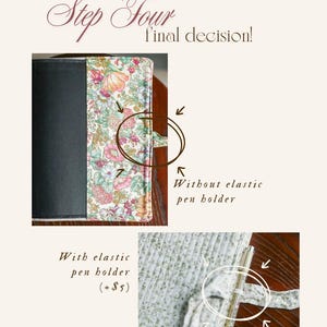 May include: Image showing a book cover with a floral pattern and a black cover. The text reads "Step Four final decision!" with options for an elastic pen holder or without. The pen holder is shown with a pen.