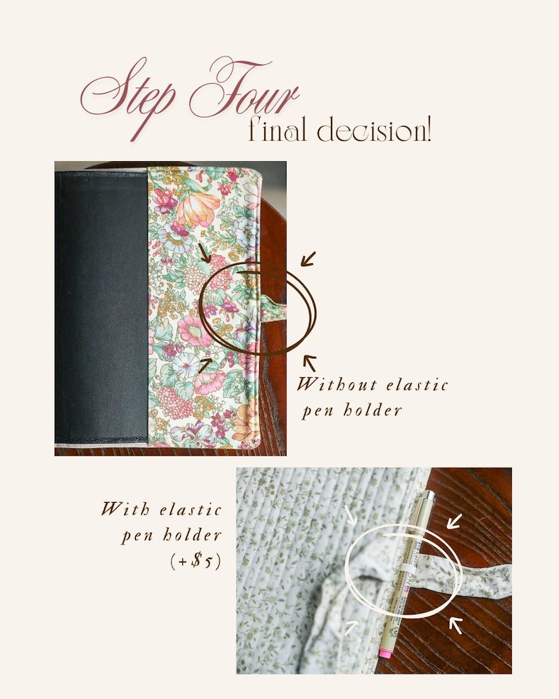 May include: Image showing a book cover with a floral pattern and a black cover. The text reads "Step Four final decision!" with options for an elastic pen holder or without. The pen holder is shown with a pen.