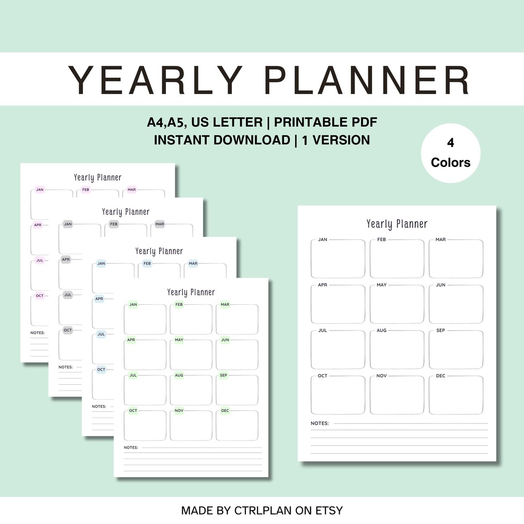 Yearly Planner, 12 Month Overview, Yearly Goals, Year at a Glance ...