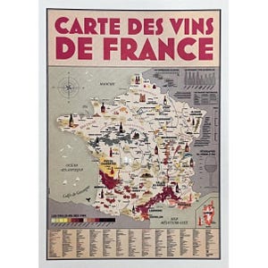 French Wines Map Poster, XL size (90x126 cm) - Bordeaux, Burgundy, Rhône.. Red and White wines - Appellations, Regions etc. - Text in French