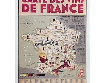 French Wines Map Poster, XL size (90x126 cm) - Bordeaux, Burgundy, Rhône.. Red and White wines - Appellations, Regions etc. - Text in French
