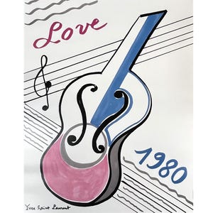 YSL Yves Saint Laurent Poster - LOVE 1980 - Neujahrsplakat - Mode-Ikone - Gitarre - Blau - Rosa - Wohnkultur - Wanddekor - YSL Foundation