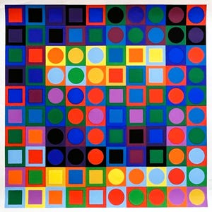 May include: A square grid artwork composed of alternating solid-colored squares and circles. The design features a vibrant palette including red, blue, green, yellow, orange, purple, black, and light blue, arranged in a repeating geometric pattern.