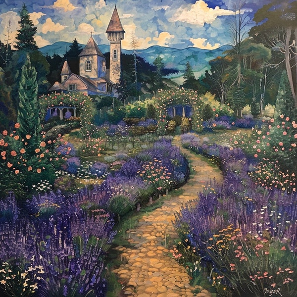 Lavender Garden | Lavender Land Scape | Vintage | Art Print | Instant Download | Medieval Garden |