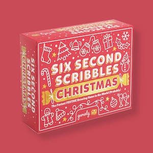 May include: A red box for the game "Six Second Scribbles Christmas" with white and gold text and illustrations. The box features festive drawings of a Christmas tree, snowman, and candy cane.