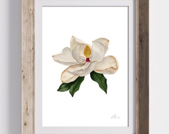 Southern Magnolia Flower II Watercolor Art Print | Floral Wall Decor
