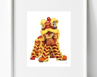 Lámina de acuarela de la danza del león / Pintura de la danza del león / Arte mural de la danza del león / Arte mural festivo / Arte del Año Nuevo Chino / Arte del Año Nuevo Lunar